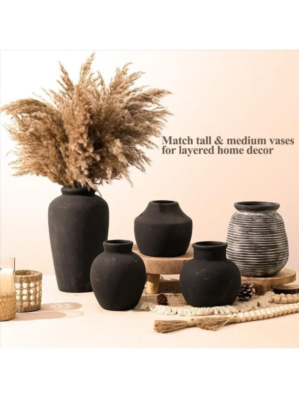 Large Matte Black Vintage Ceramic Flower Vase - Distressed Bronze Farmhouse
